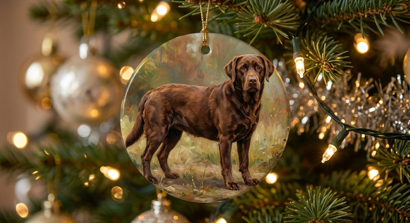Custom labrador portrait ornament on Christmas tree branch — warm bokeh lights