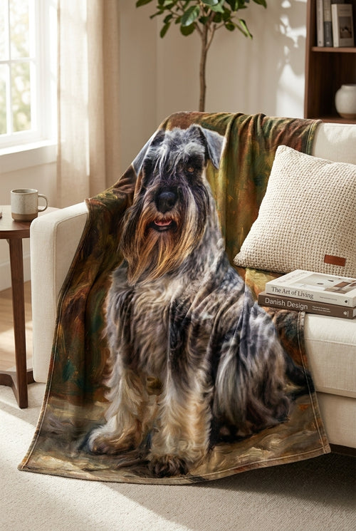 Custom schnauzer portrait throw blanket draped on cream sofa - warm natural light