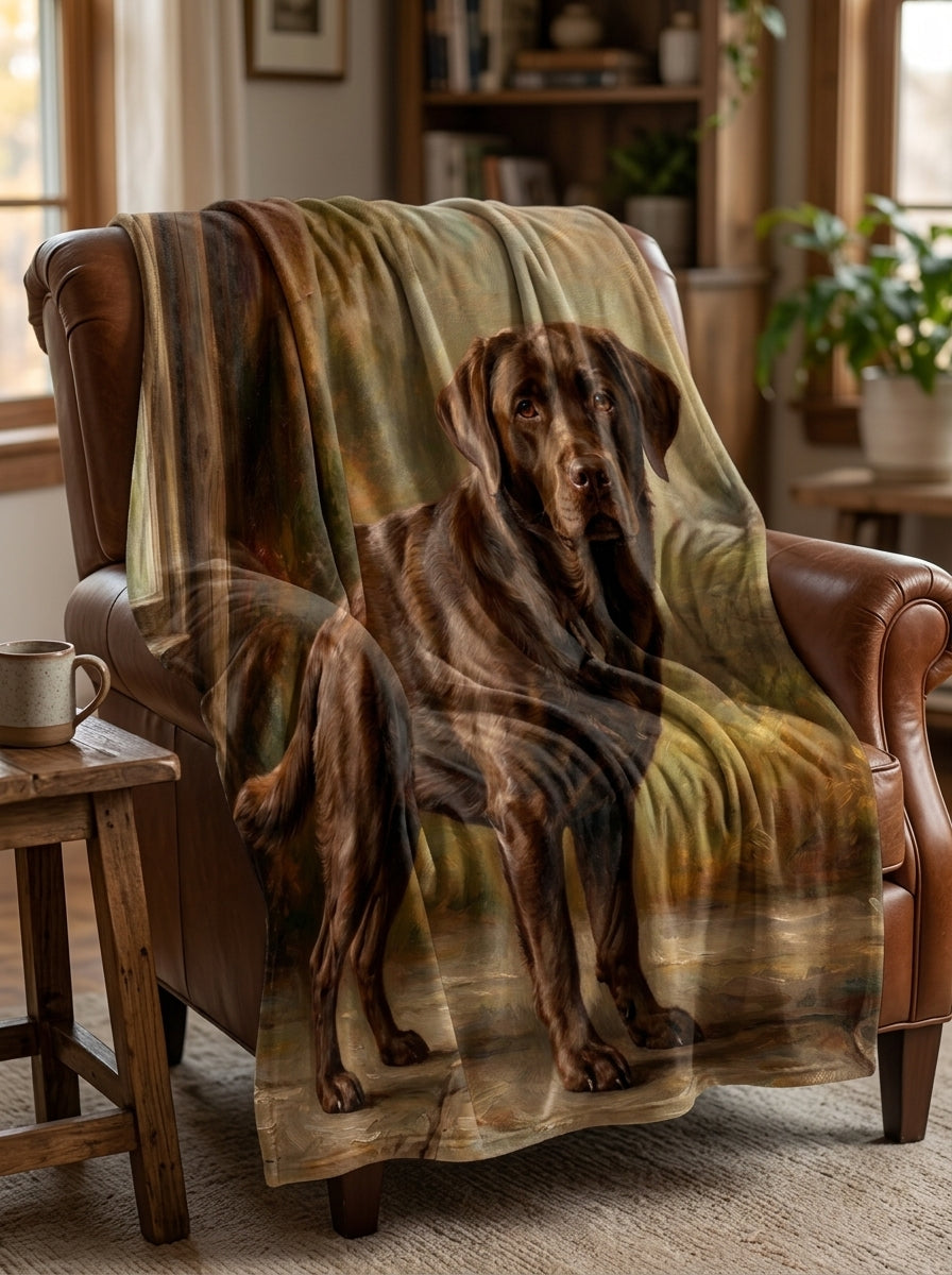 Custom labrador portrait throw blanket draped on cream sofa — warm natural light