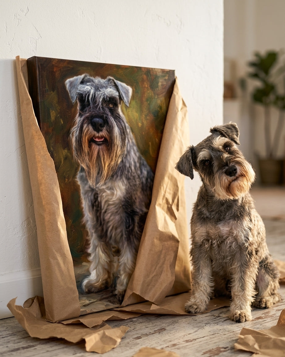 Custom schnauzer portrait canvas revealed — real dog looks at their own portrait