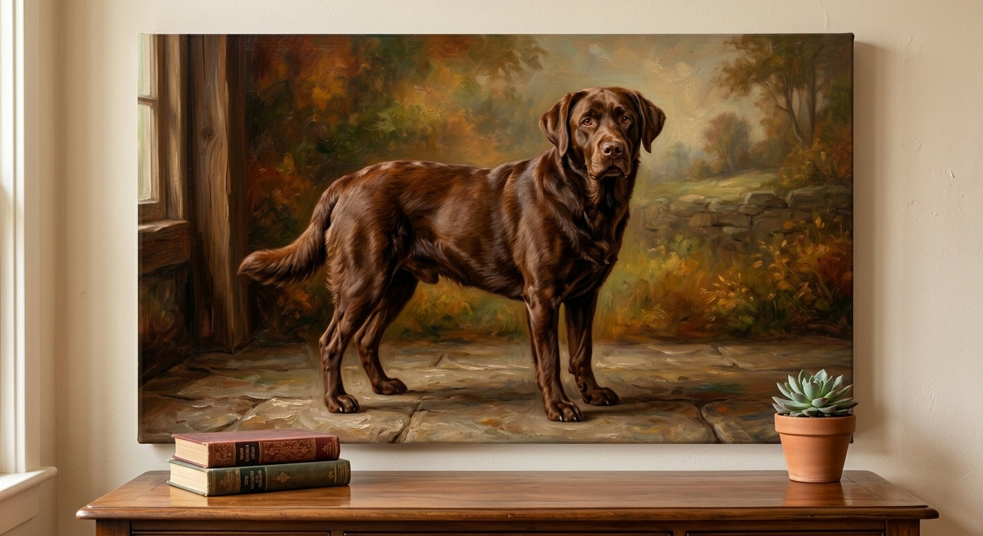 Custom labrador portrait canvas on home office wall — warm natural light
