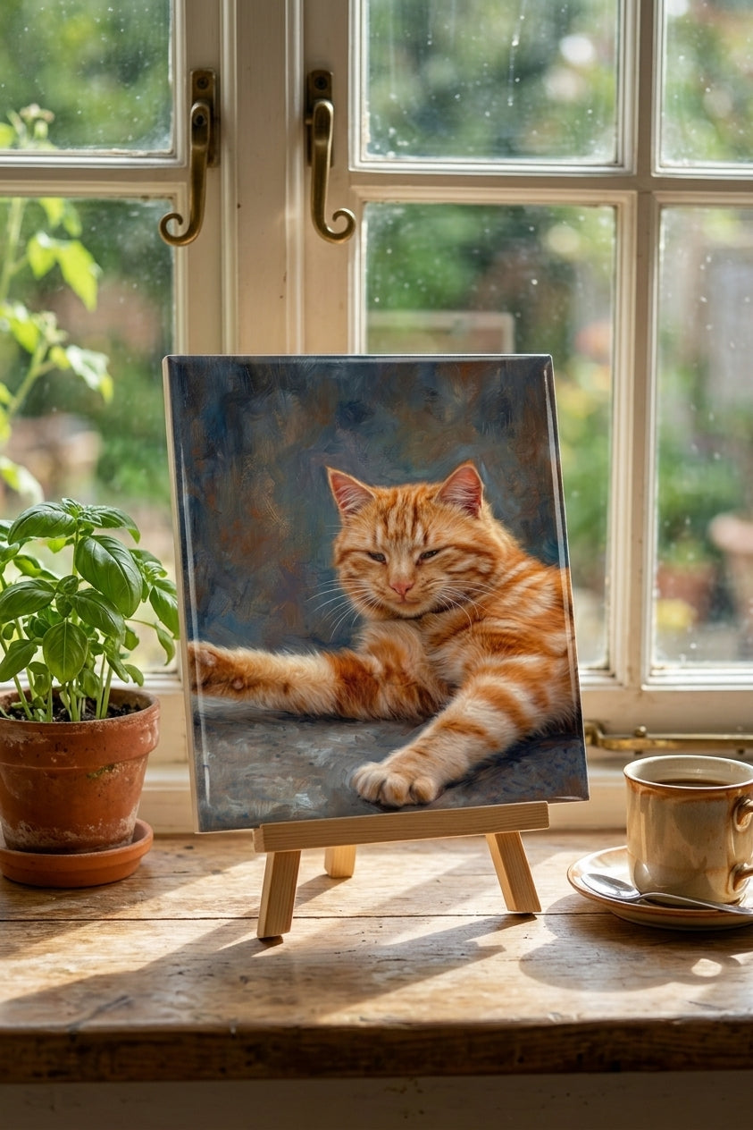 Custom cat portrait tile on sunny kitchen windowsill — warm morning light