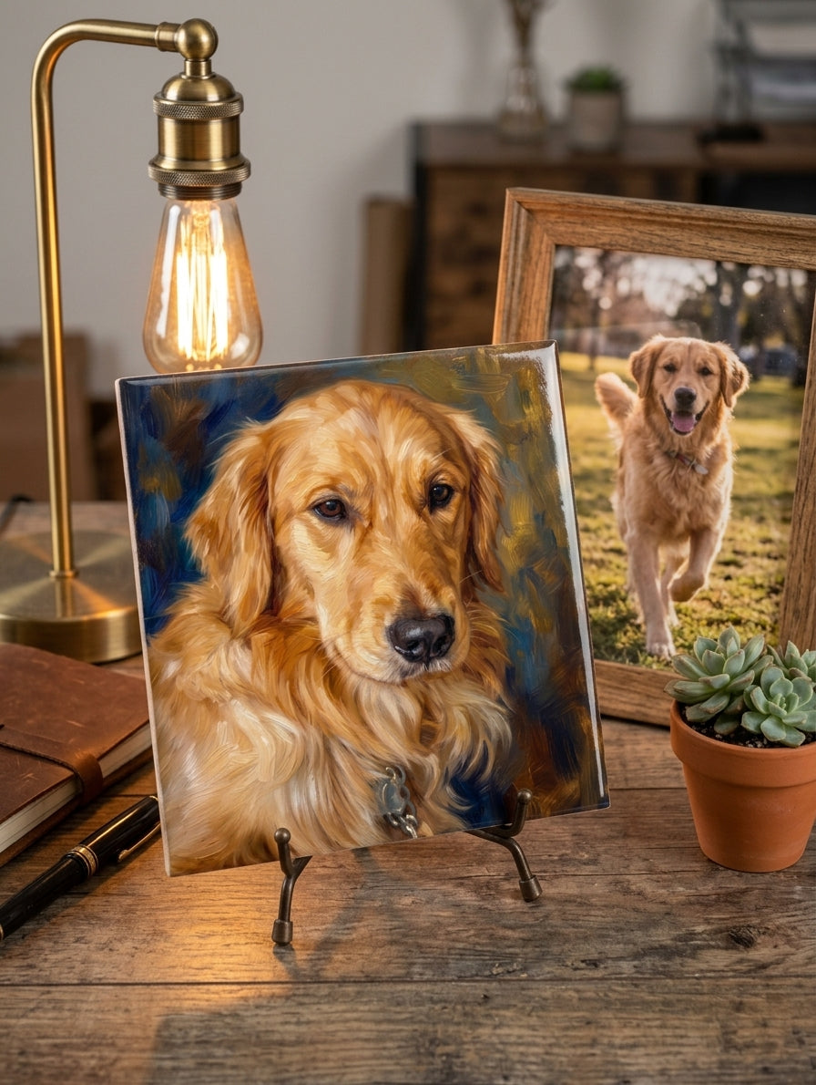 Custom golden retriever portrait tile on desk beside real pet photo — personal memorial