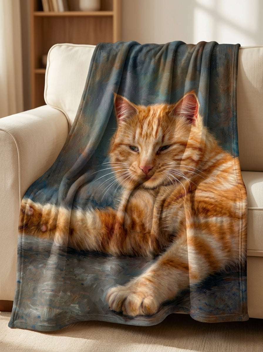 Custom cat portrait throw blanket draped on cream sofa - warm natural light