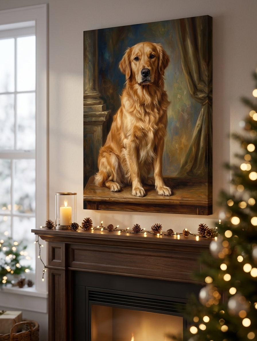 Custom golden retriever portrait canvas above festive mantel — warm holiday ambient light