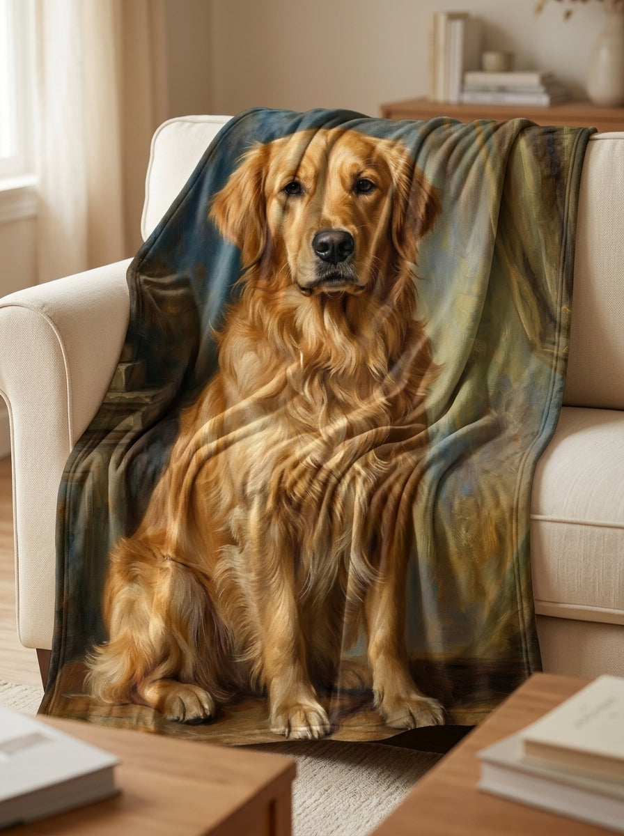 Custom golden retriever portrait throw blanket draped on cream sofa - warm natural light