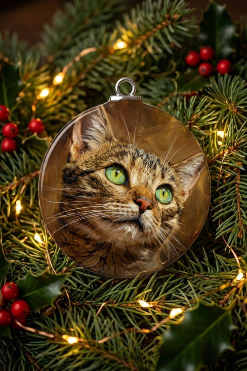 Custom tabby cat portrait ornament on Christmas pine garland - warm bokeh fairy lights
