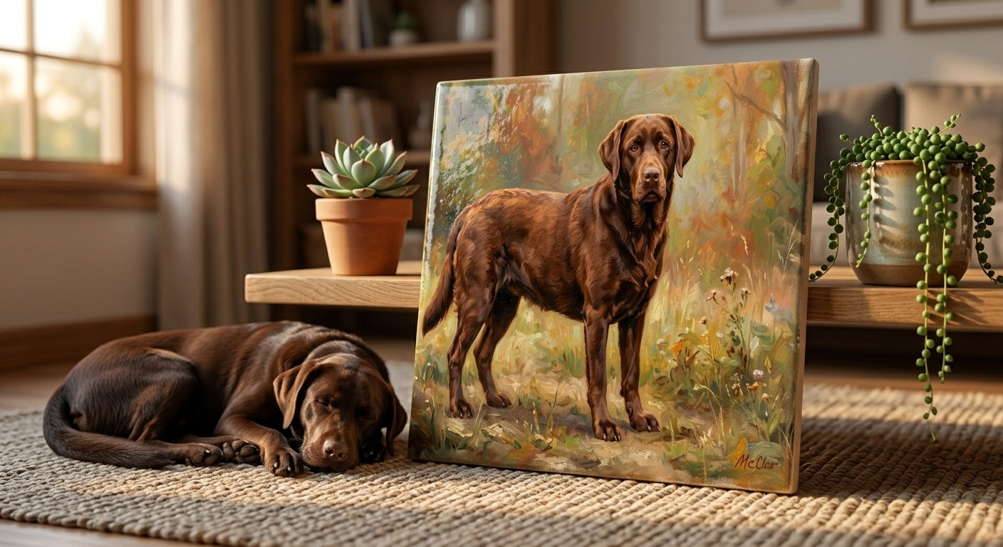 Custom labrador portrait tile on shelf — real labrador asleep below