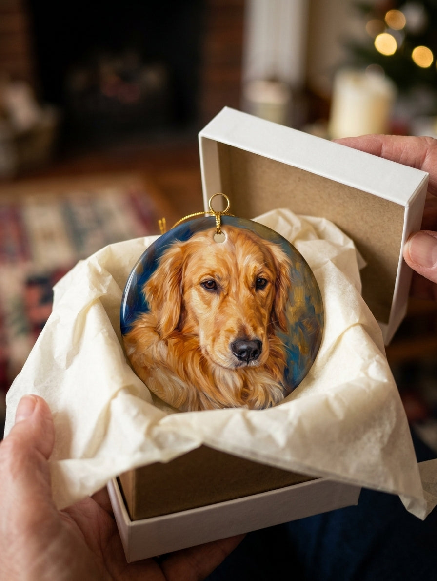 Custom golden retriever portrait ornament gift reveal — nestled in tissue paper box