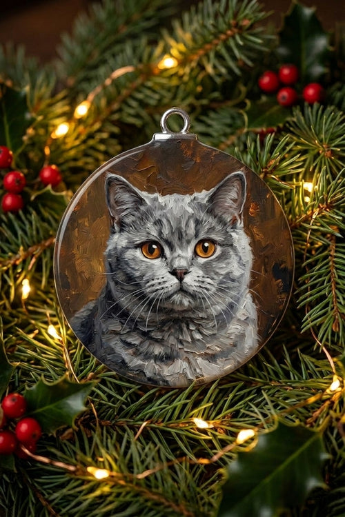 Custom pet portrait ornament - silver grey cat oil painting on round ceramic Christmas ornament