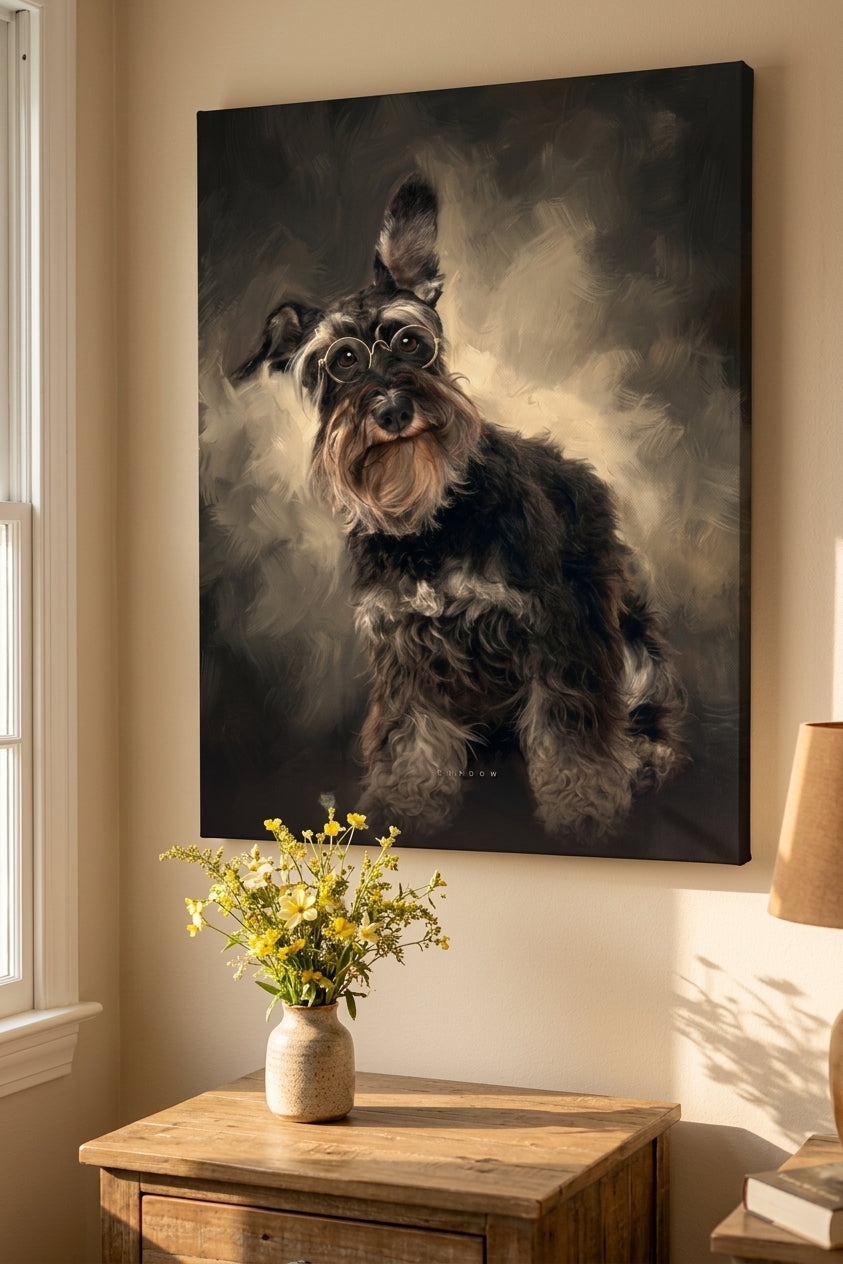 Custom schnauzer portrait canvas in living room - oil-painted pet portrait gallery wrap
