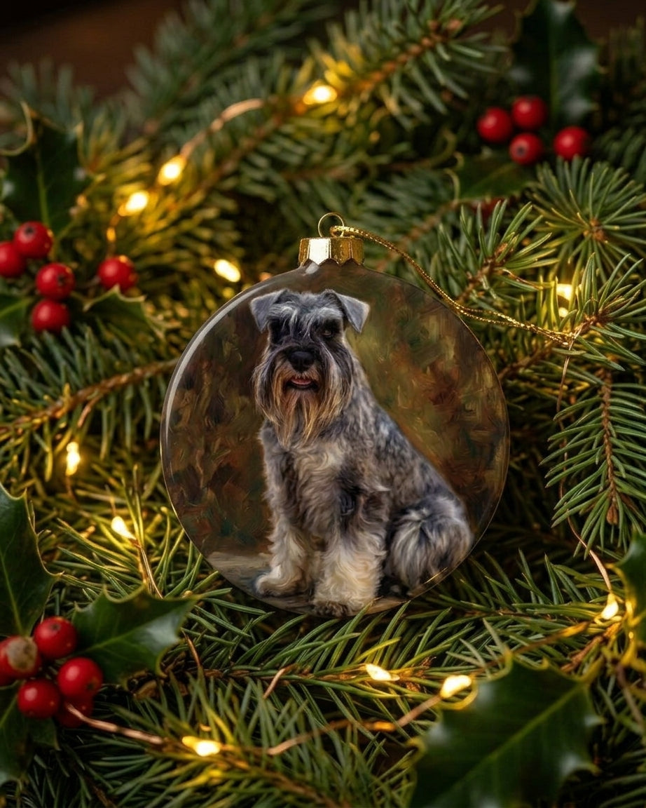 Custom schnauzer portrait ornament nestled in Christmas pine branches - warm bokeh fairy lights
