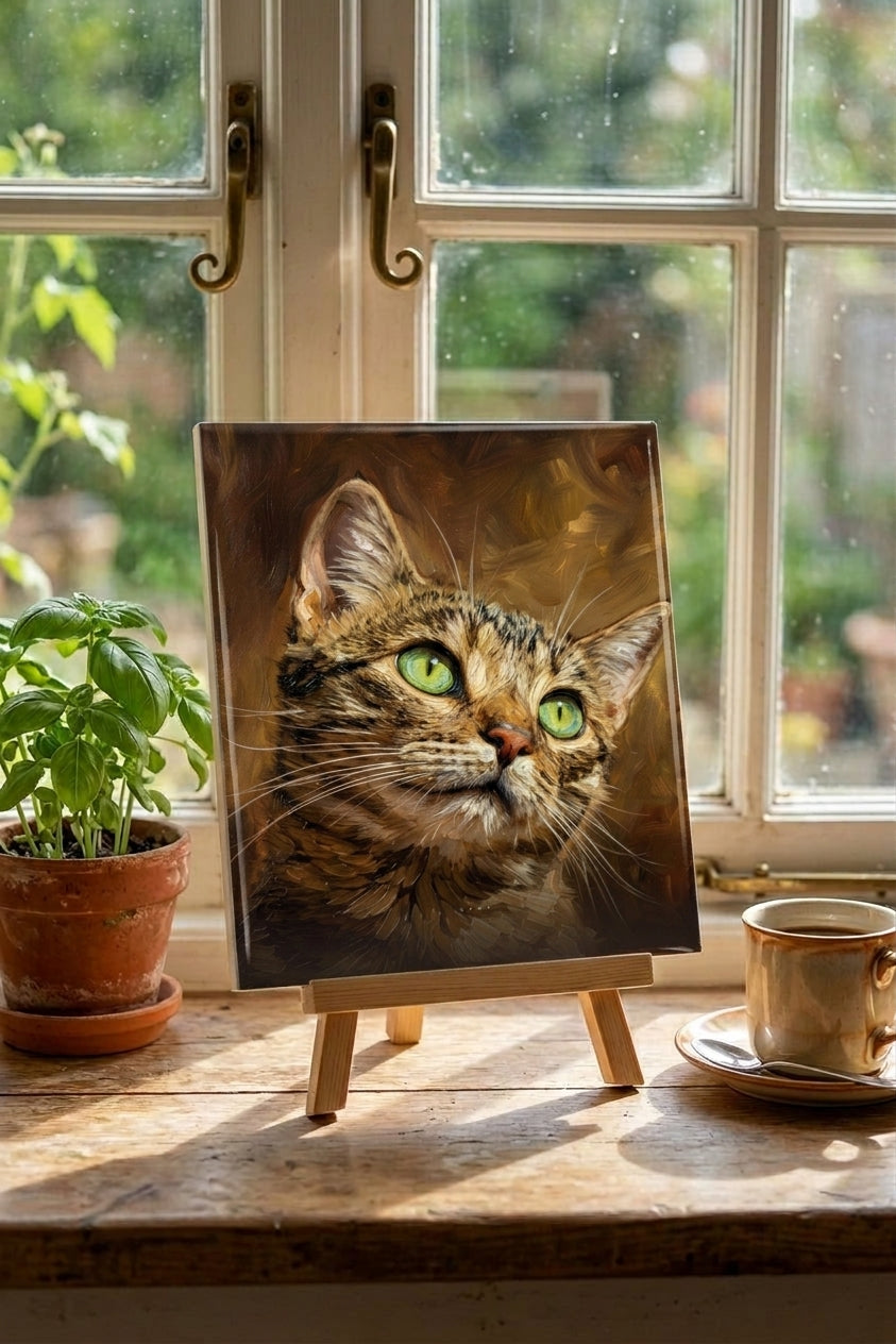 Custom tabby cat portrait tile on sunny kitchen windowsill - warm morning light